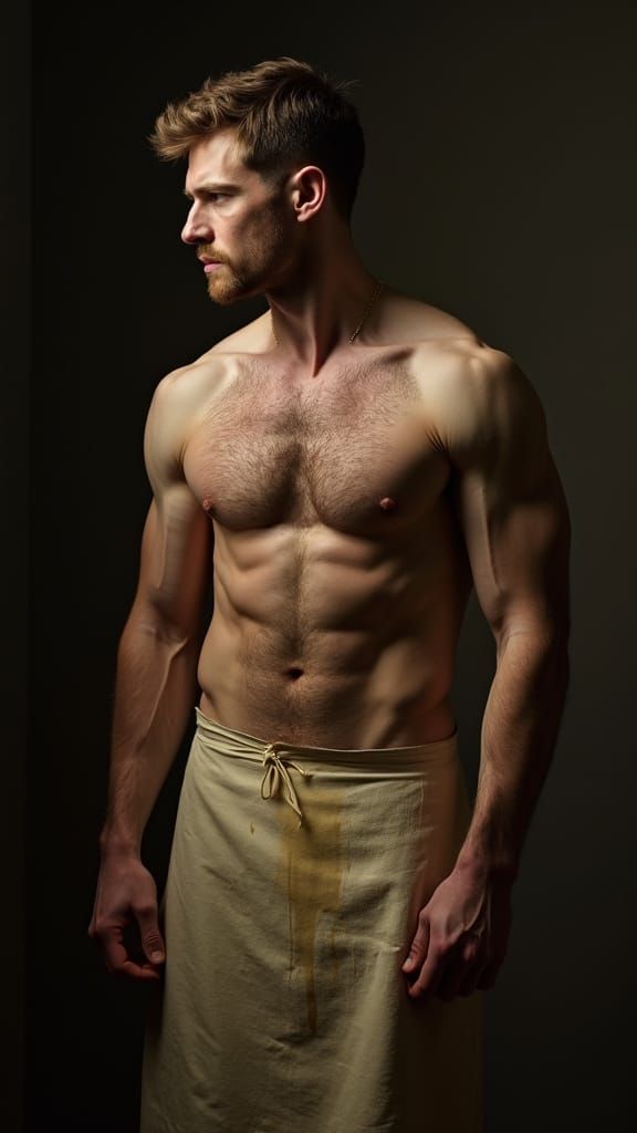 Muscular Man in Shadow with Apron in Chiaroscuro Style