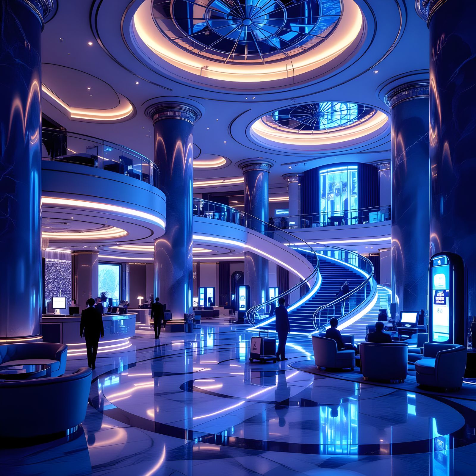 Futuristic Luxury Hotel Entrance Hall in Cyberpunk Style