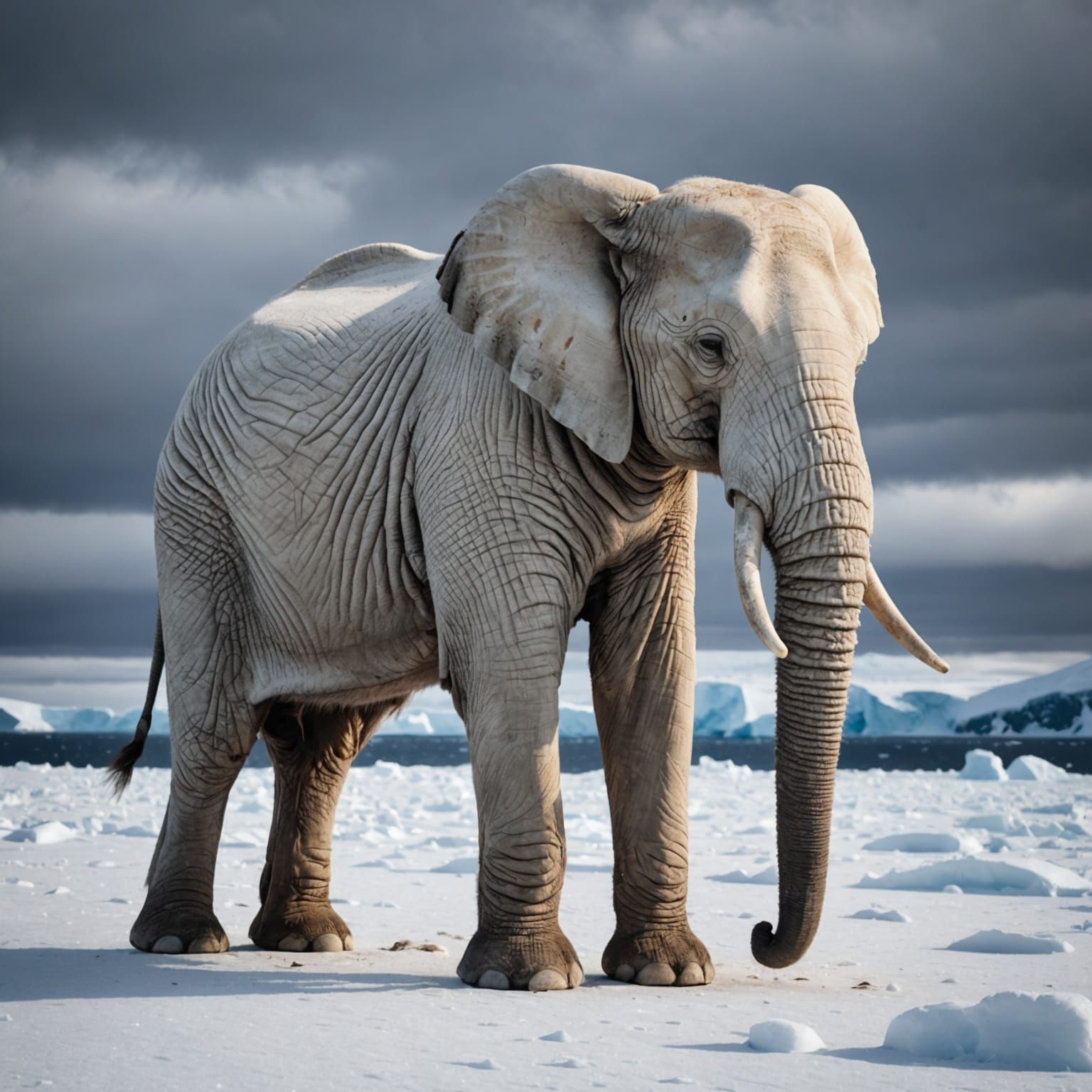 Albino Elephant in Antarctica: Hyperrealistic Rendering