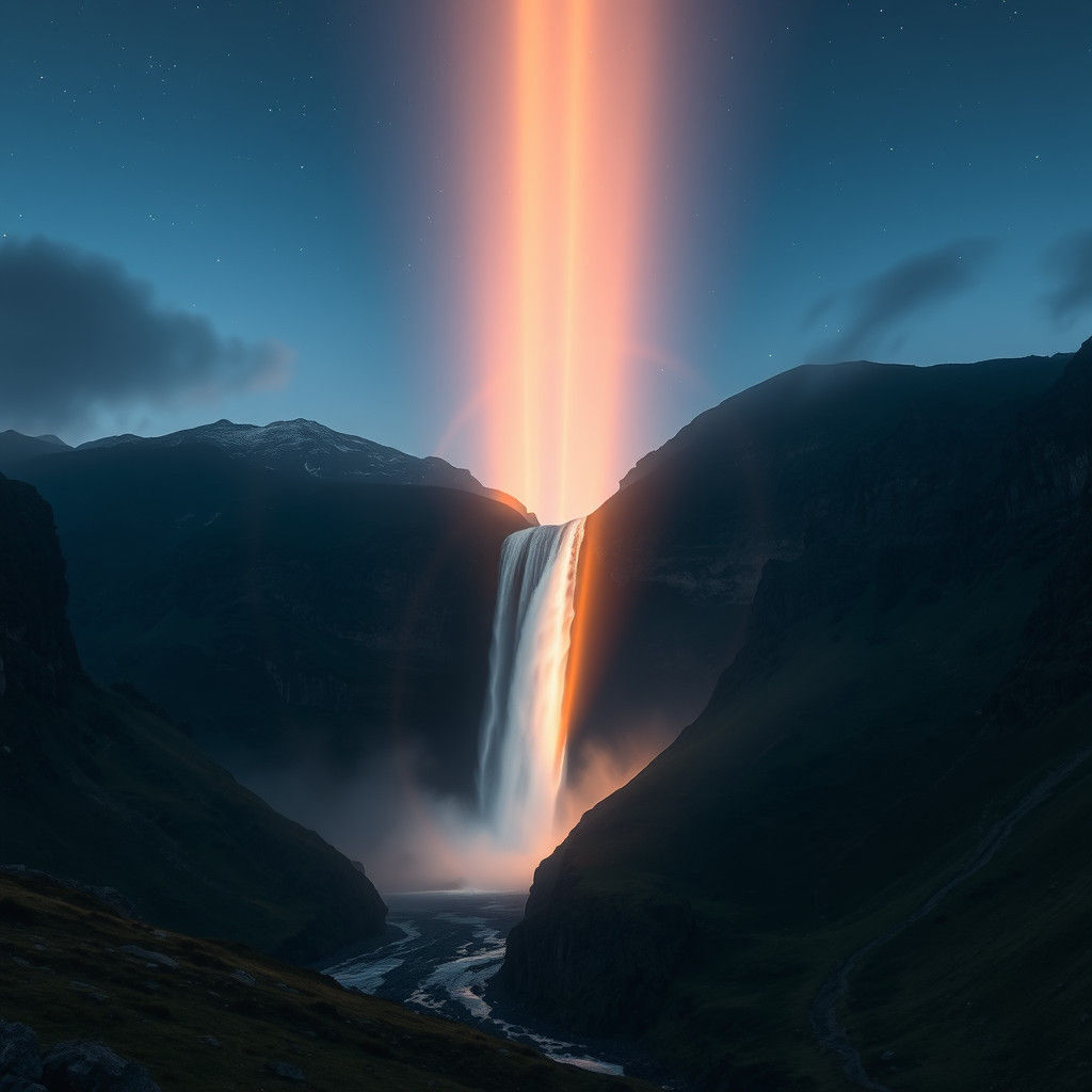 Illuminated Mountain Waterfall: Art of Light