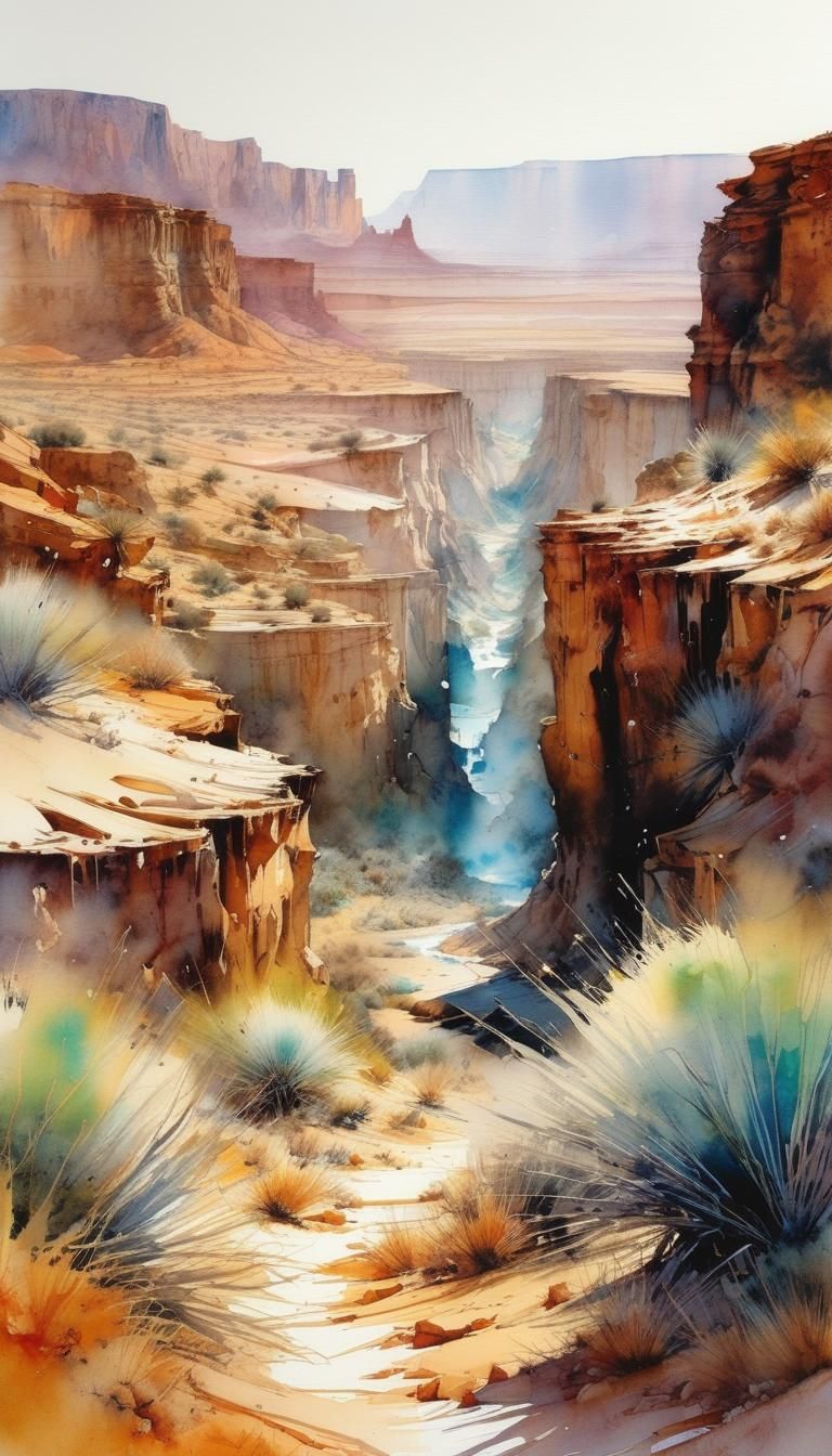 Desert Canyon Landscape in Watercolor Style