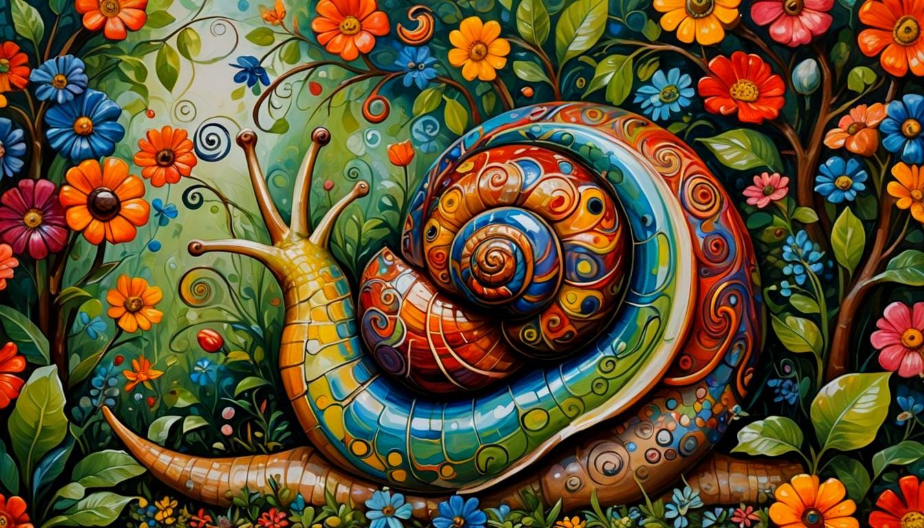 Giant Snail with Decorative Shell in Folk Art Style