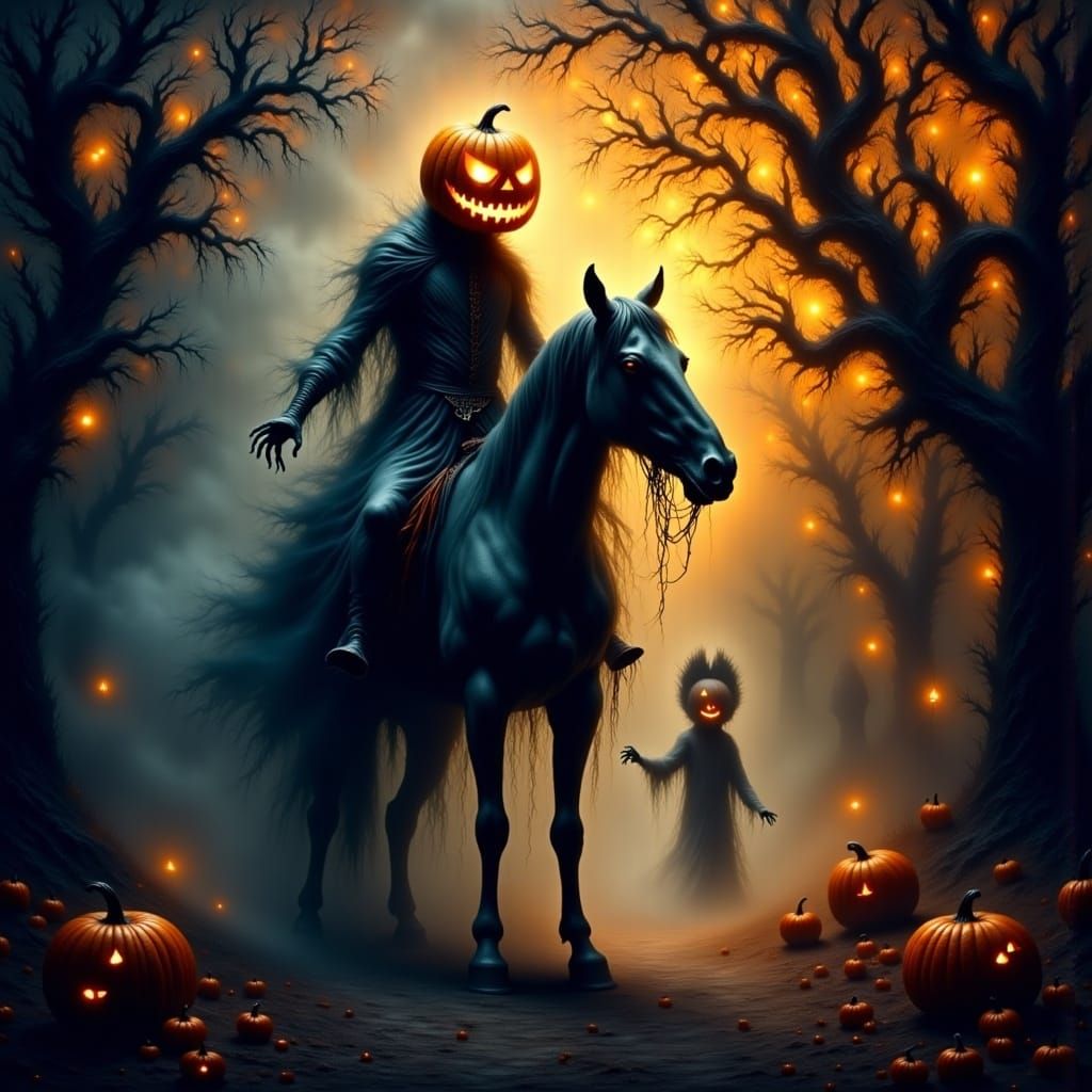 Headless Horseman with Pumpkin Head in Gothic Style