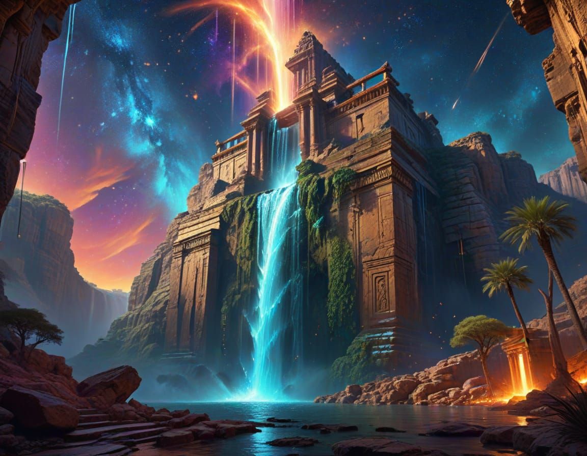 Surreal Waterfall Flows Upwards from Ancient Temple
