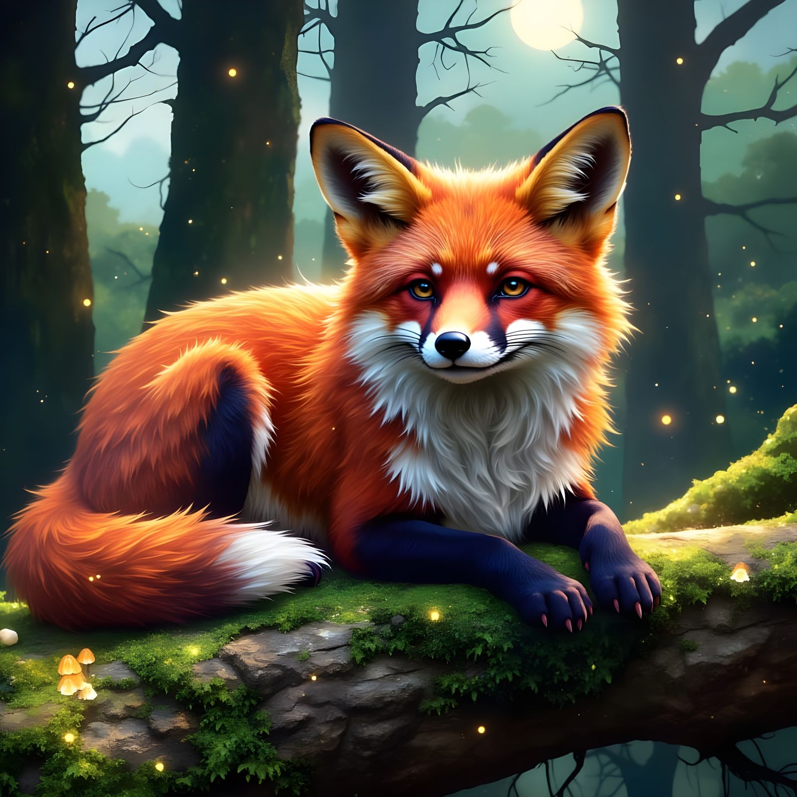 Ethereal Fox on a Mossy Branch in a Dreamy Nighttime Scene