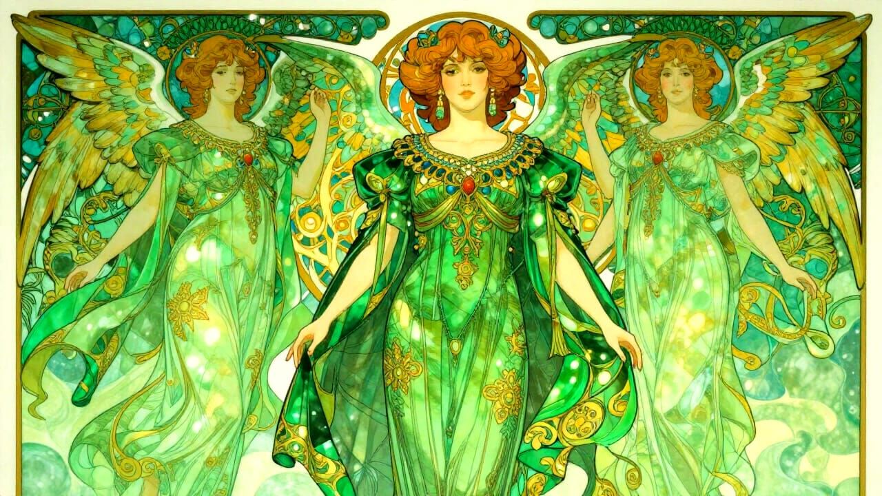 Art Deco Nouveau Angels in Regal Green Victorian Attire