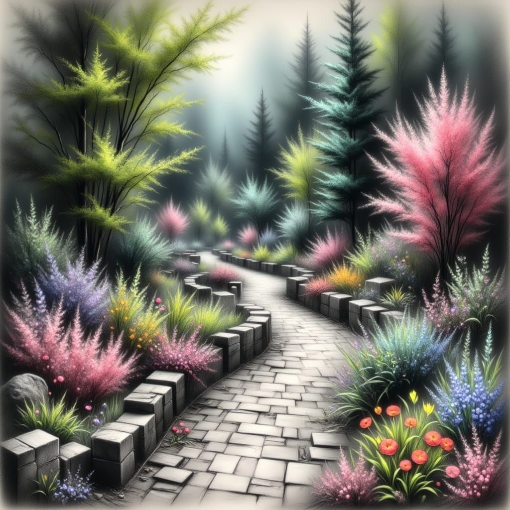 Forest Path Charcoal Etching with Pastel Shades