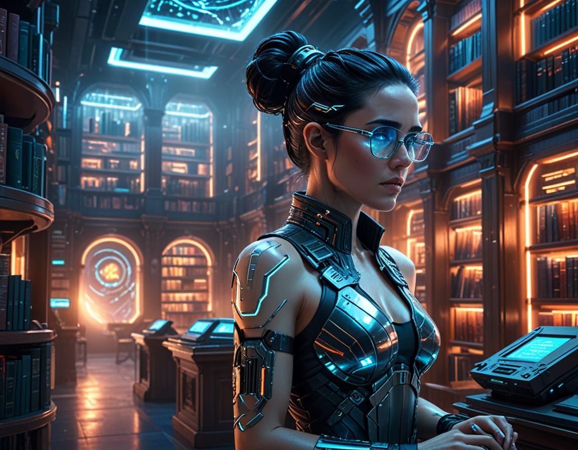 Cyberpunk Librarian in Futuristic Library - Digital Painting