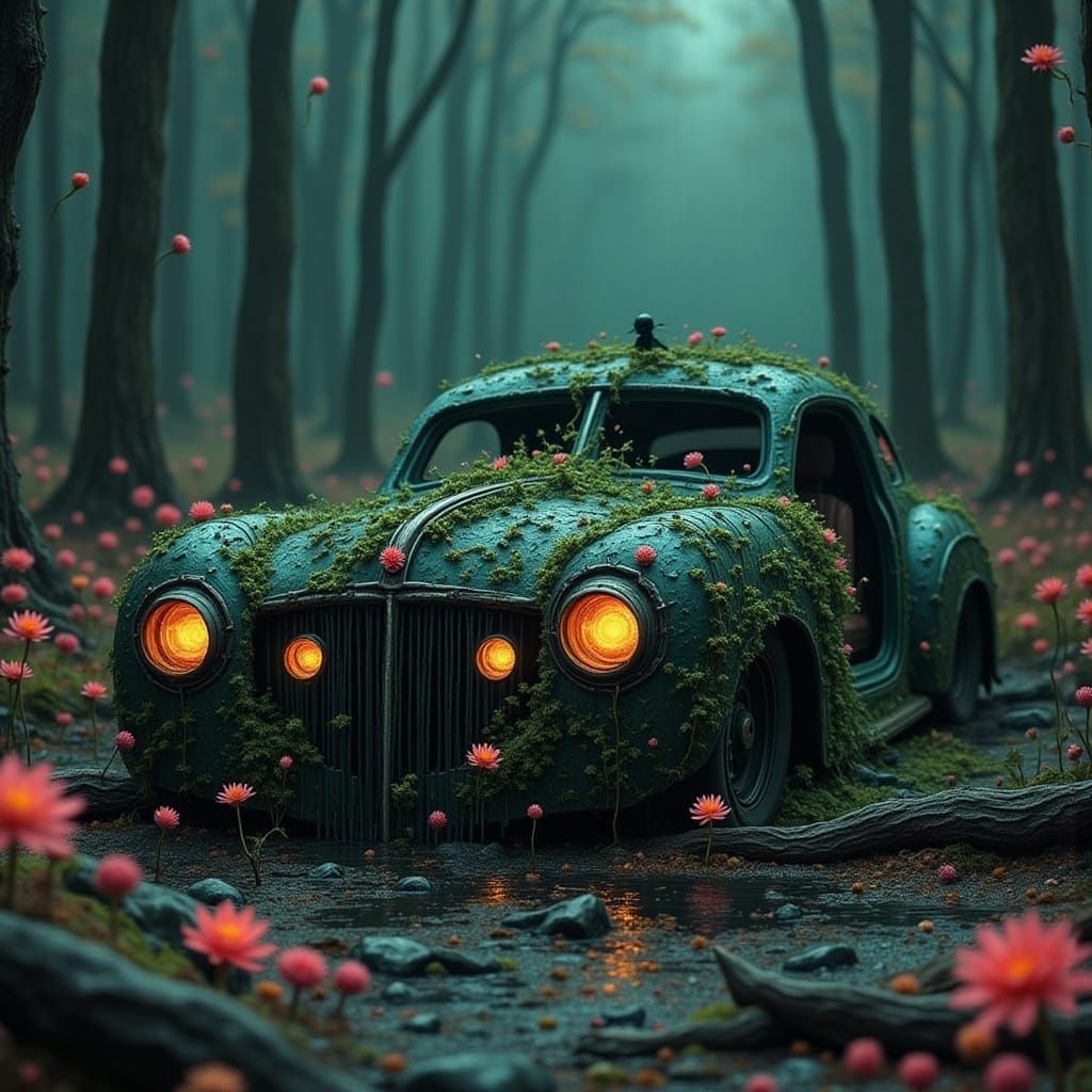 Forest Car in Abandoned Clearing: Gothic Horror