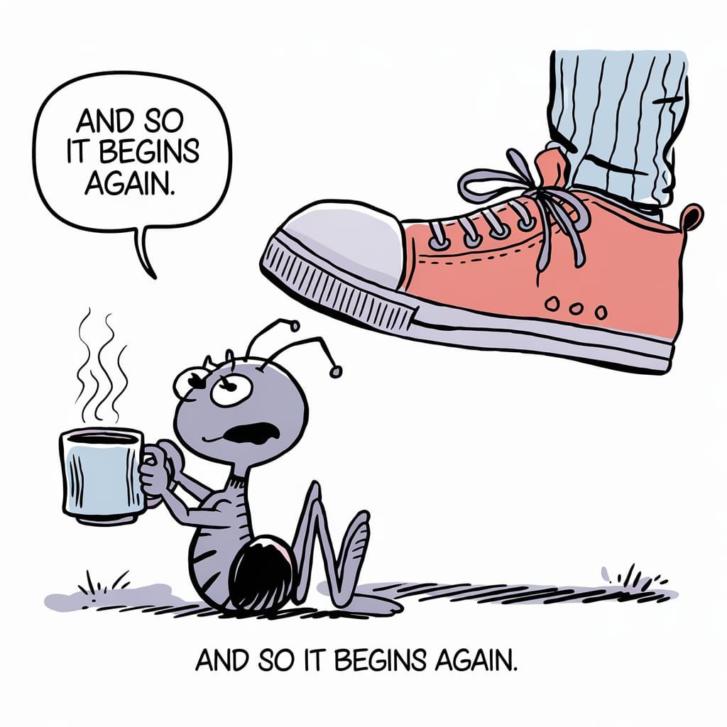 Ant with Coffee Faces Imminent Doom in Comic Style