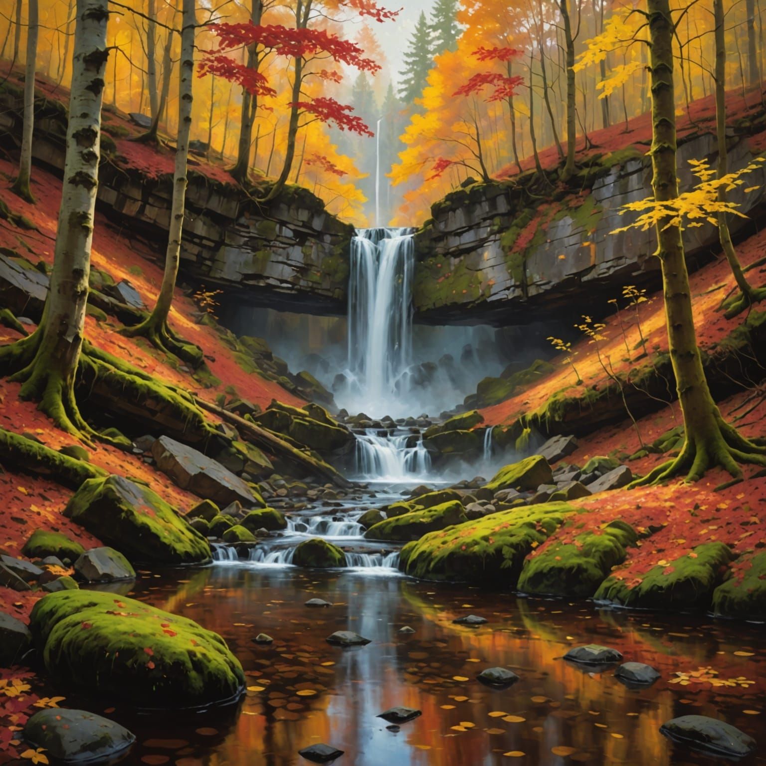 Majestic Autumn Waterfall in Ethereal Sunlight