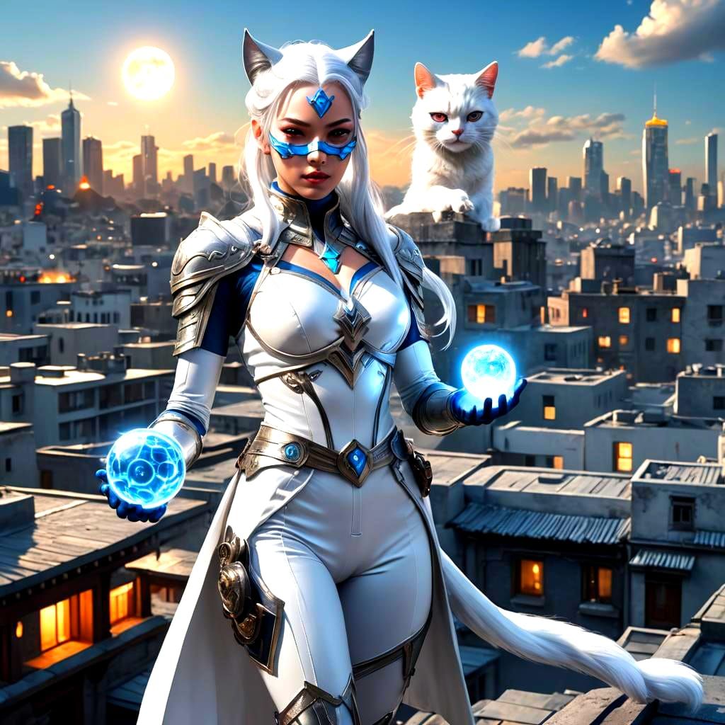 French-Chinese Superheroine with Light Orb on Rooftop