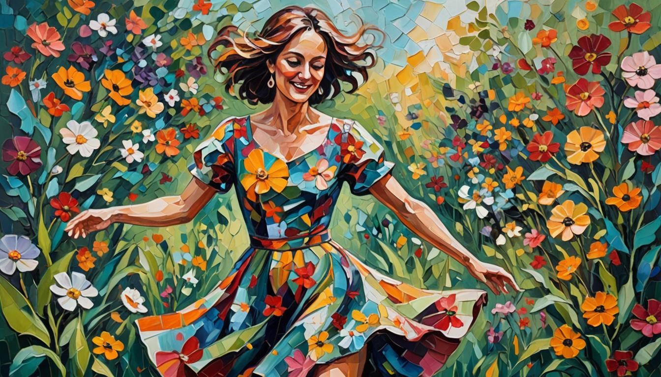 Woman Dancing in Floral Garden: Impressionist Impasto Painti...