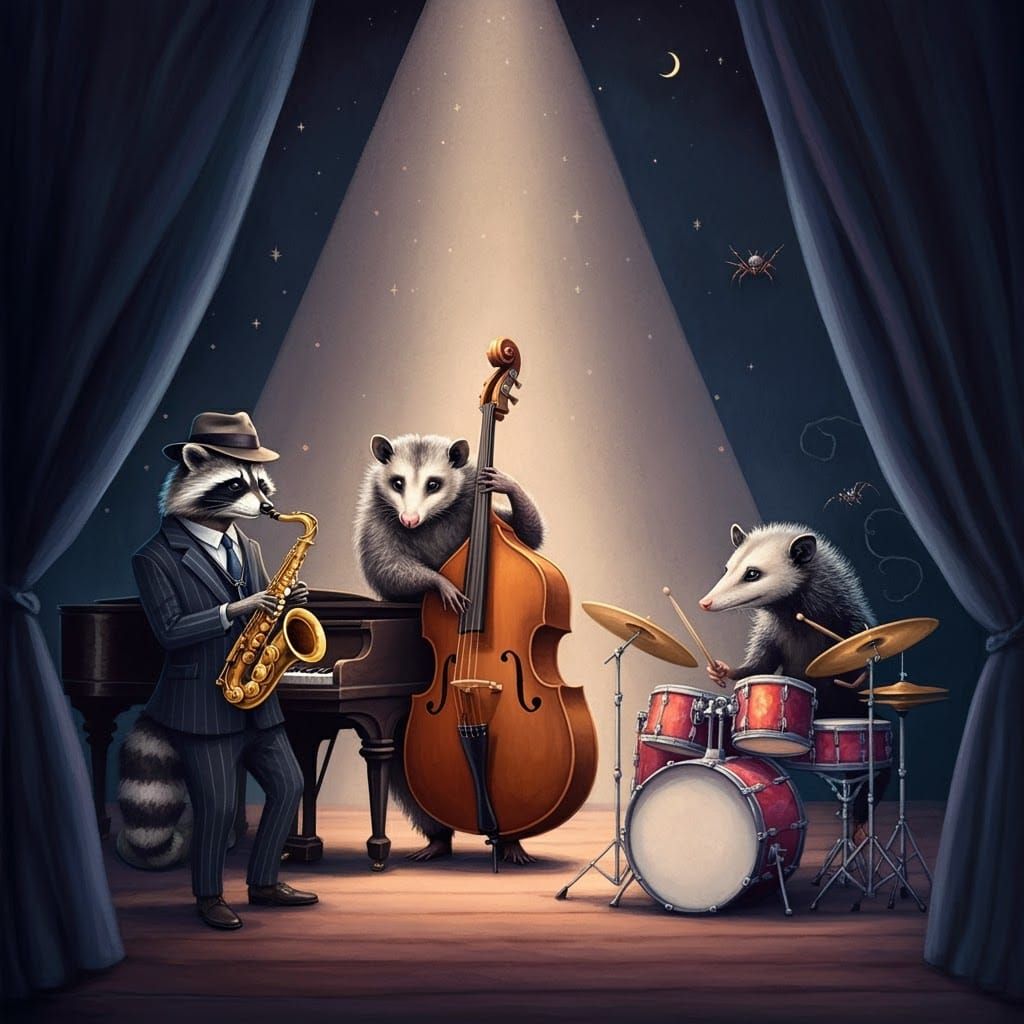 Mystical Jazz Club Ensemble in Whimsical Dark Fantasy Style