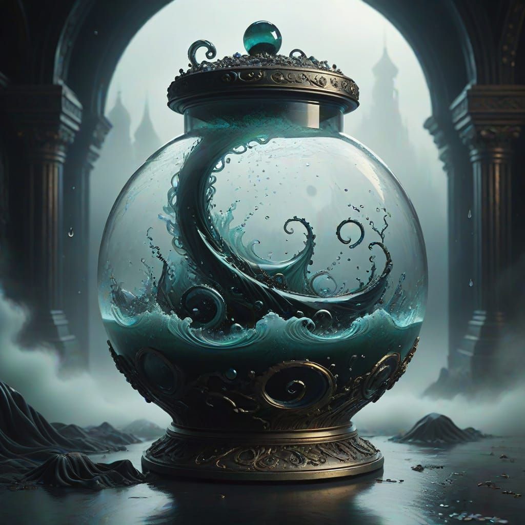 Twisted Glass Container Suspended in Dark Waves