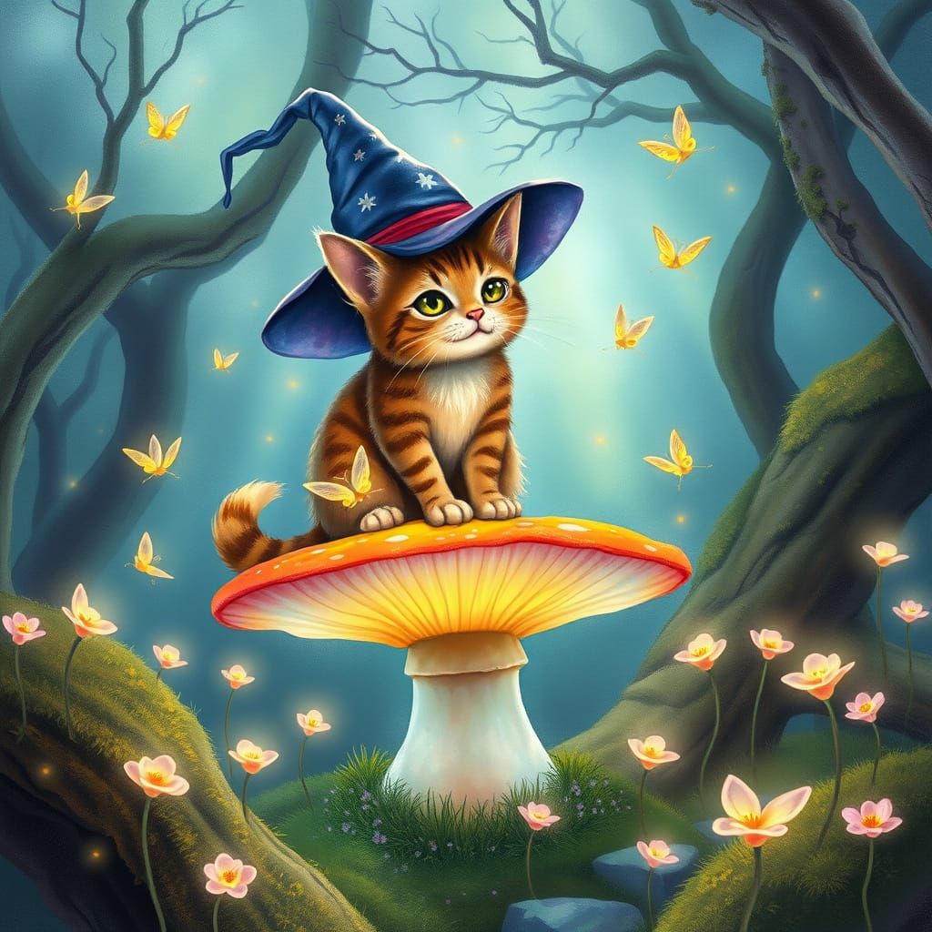 Whimsical Cat in Wizard's Hat Surrounded by Fairies and Glow...