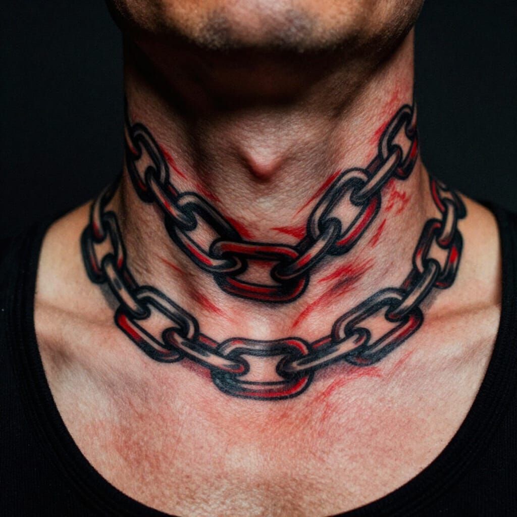 Realistic Chain Neck Tattoo in Bold Black and Red