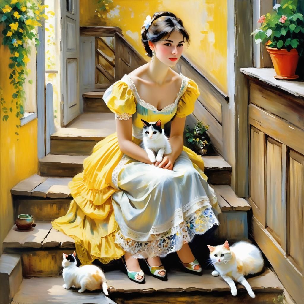Impressionist painting, stunning woman, yellow and white dre...