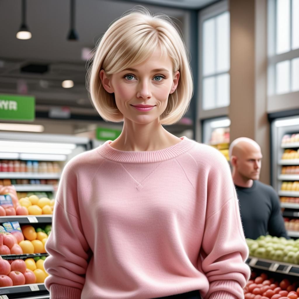 Hyperrealistic Blonde Mom in Grocery Store