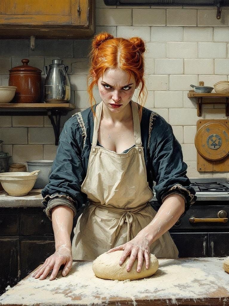 Angry Baker in Kitchen, Impasto Oil Painting Style