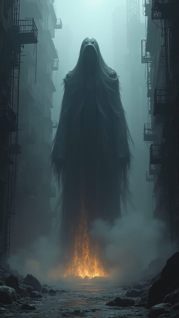 Ancient Entity in Gothic Metropolis, Dark Fantasy Art