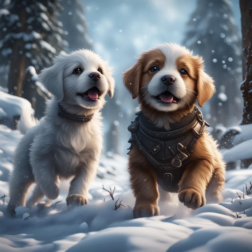 Puppies Play in Snow: Detailed Fantasy Art