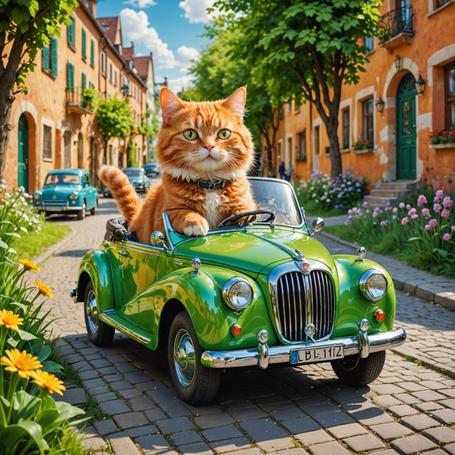 Cute Ginger Cat Driving Fantasy Car in Spring Park
