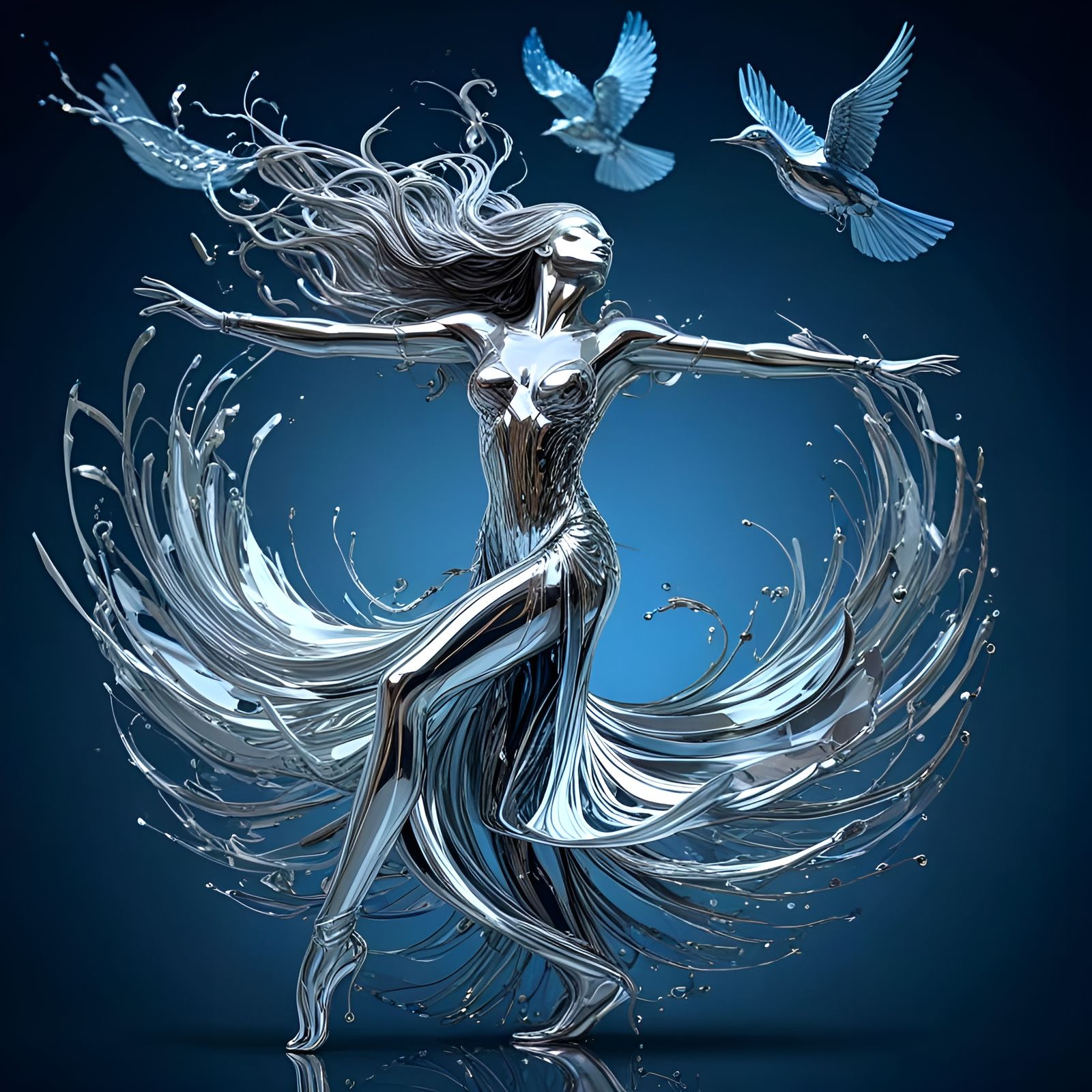 Sleek Metal Dancer Surrounded by Shimmering Birds in Flight