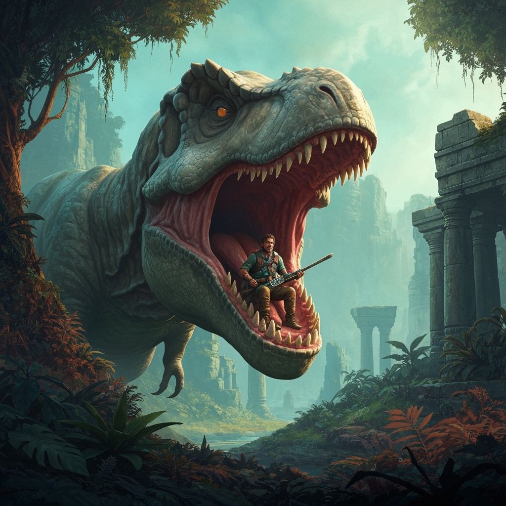 Adventurer in T-Rex Mouth: Fantasy Concept Art