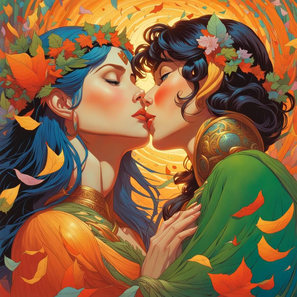 Elf Archer Girl and Human Kiss with Confetti