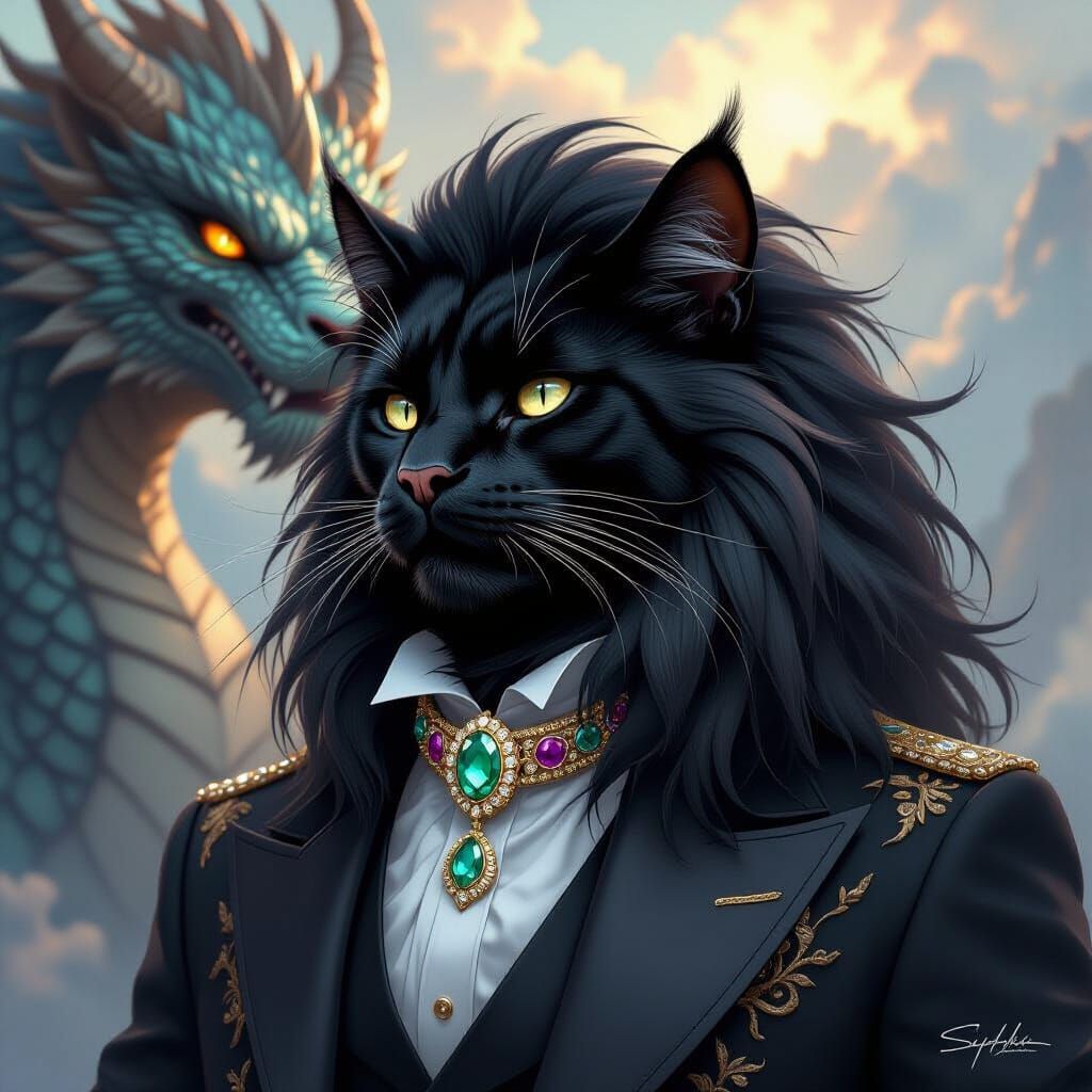 Regal Cat-Lion with Dragon, in Fantasy Art Style