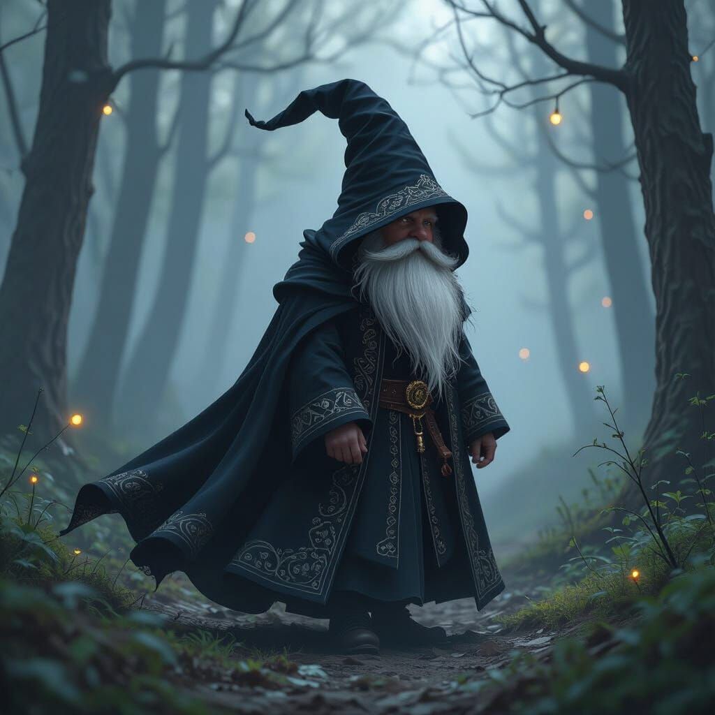 Gnome Sorcerer Wandering in Misty Woods as Digital Art