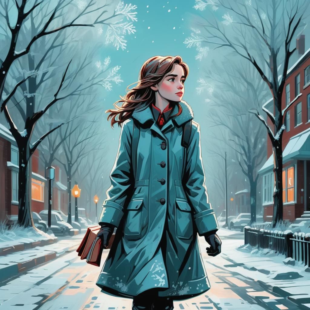 Girl Walks to School in Expressionist Winter Scene