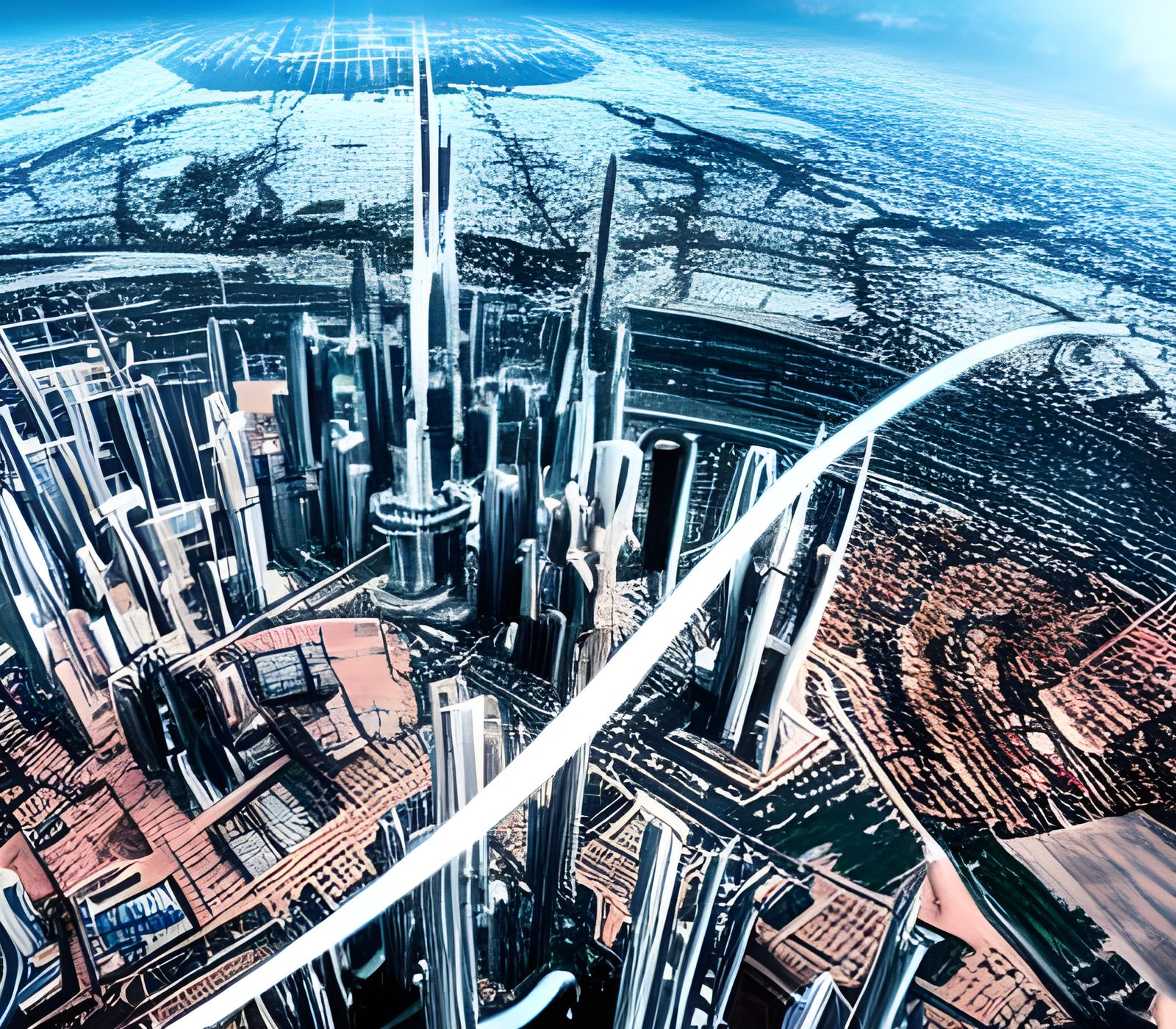 Futuristic Cityscape from Space in Hypermaximalist Style