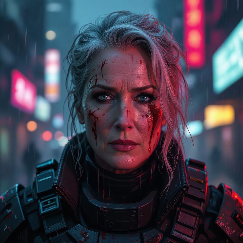 Meryl Streep as a Cyberpunk Space Marine Survivor