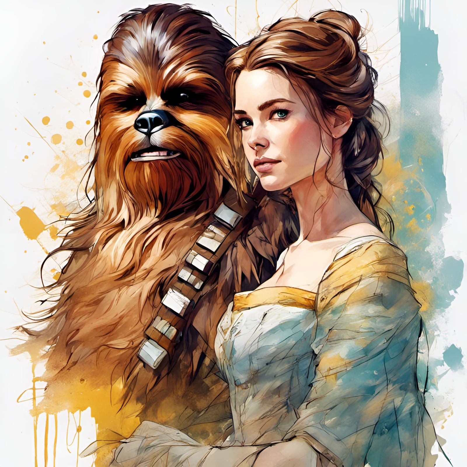Belle and Chewbacca Portrait in Watercolor Style