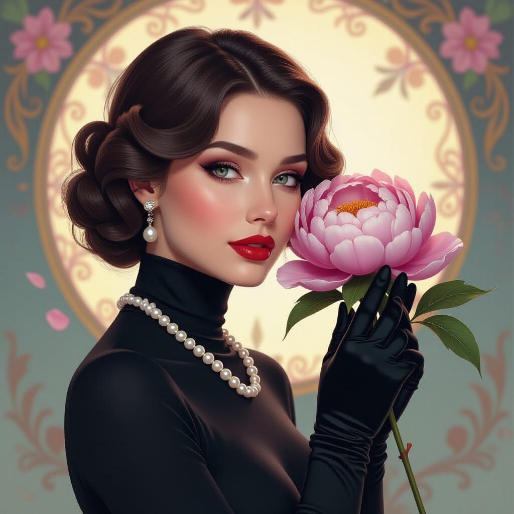 Woman with Peony in Art Nouveau Style