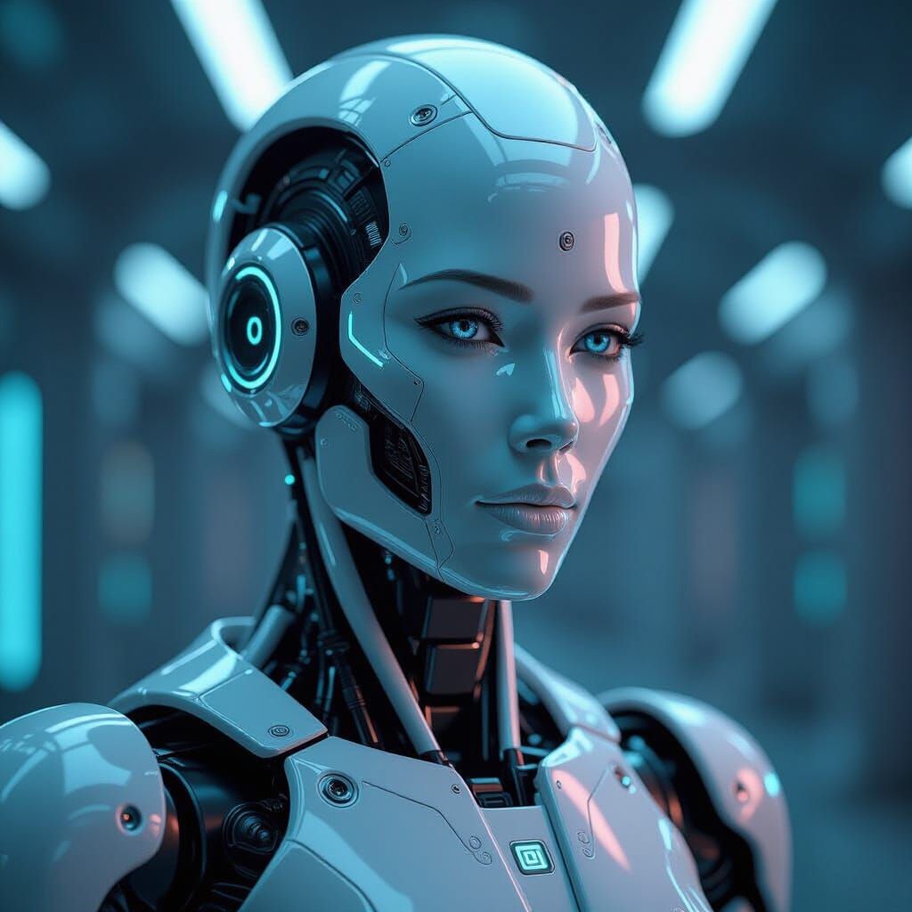 Expressive Robot with Human Face in Futuristic Metallic Body