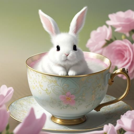 Whimsical Fairy Tale Scene: Tiny Bunny in Pastel-Colored Tea...