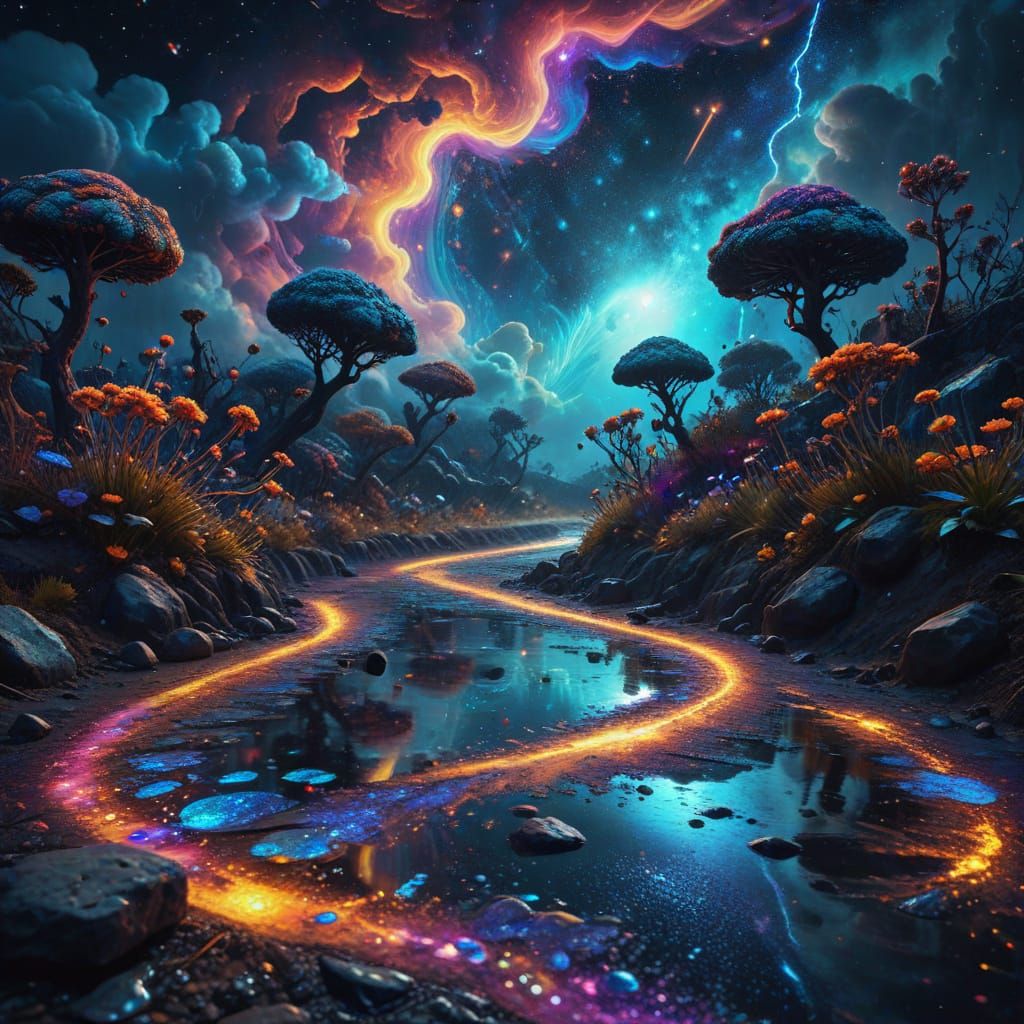 Cosmic Road Illustration with Psychedelic Storm