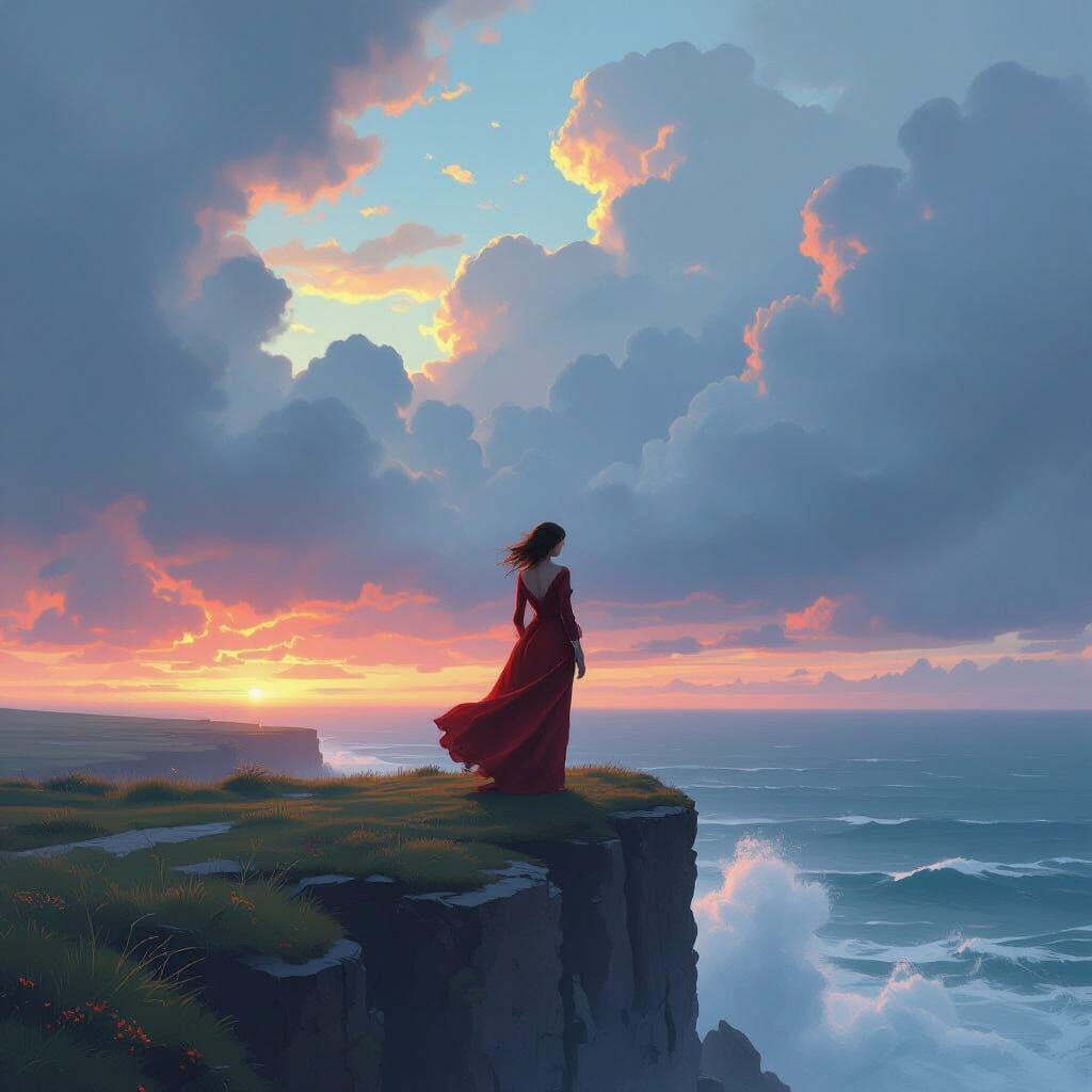 Elegant Woman on Windswept Cliff: Dreamlike Digital Art