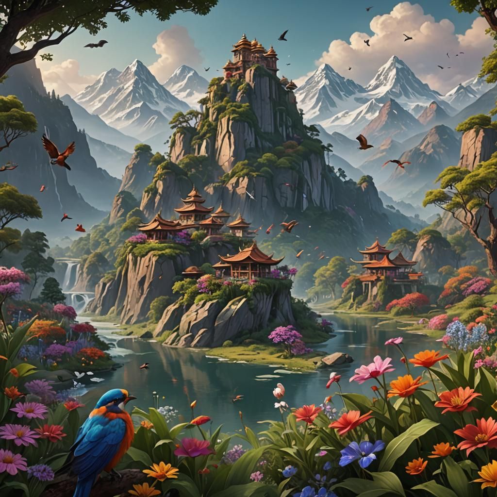 Indian Traditional Landscape with Flowers and Birds