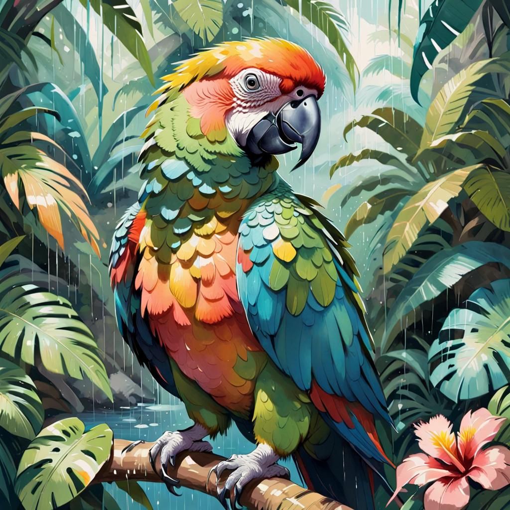 Fancy Parrot in Tropical Jungle, Manga Illustration