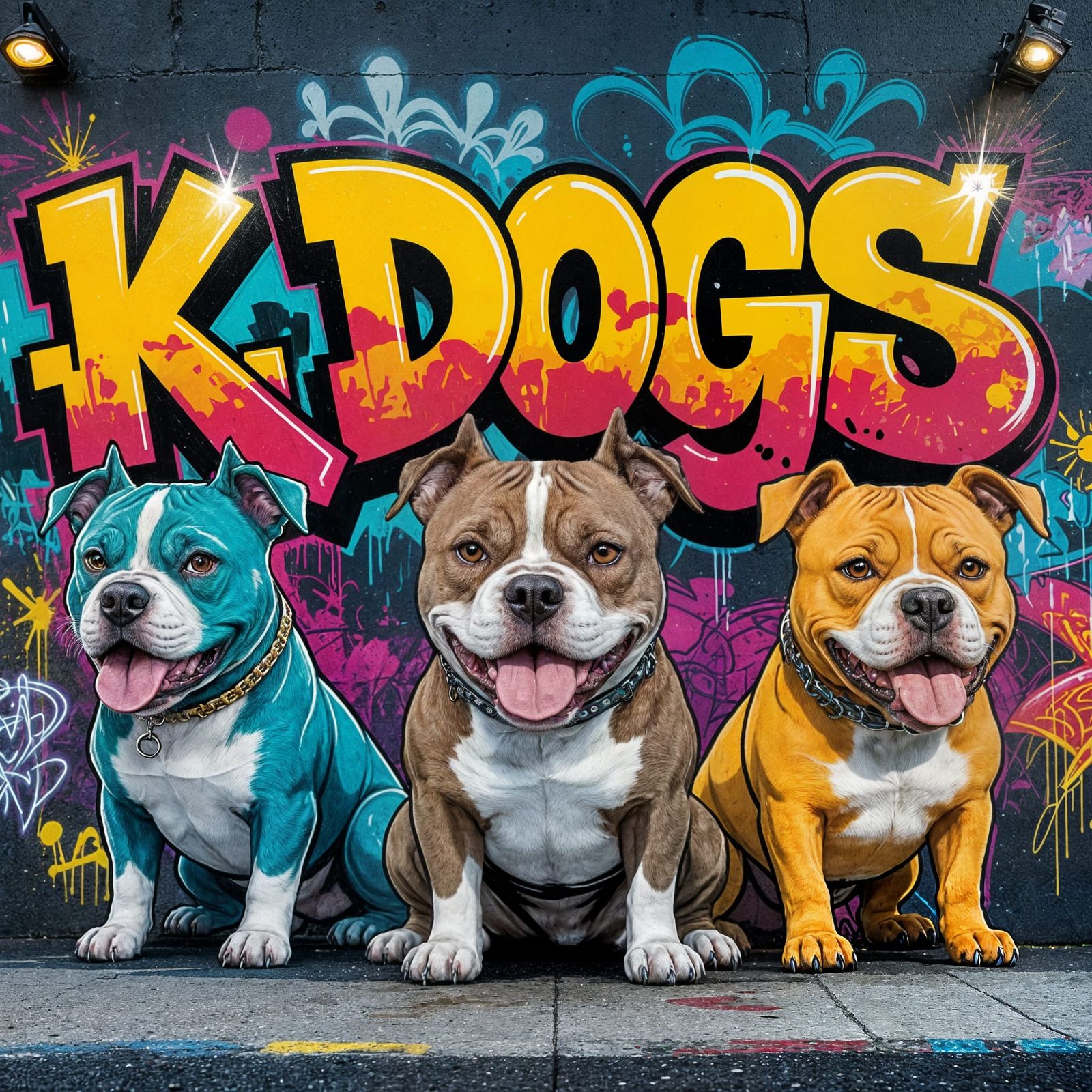 Vibrant Graffiti Mural of Stylized Pitbull Dogs