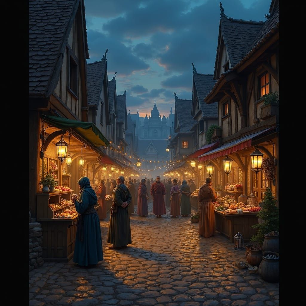 Medieval Marketplace at Dusk in Warm Lantern Glow