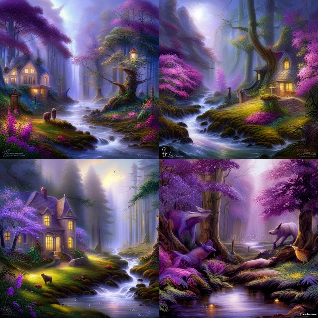 Ethereal Purple Forest Scene with Fantasy Animals