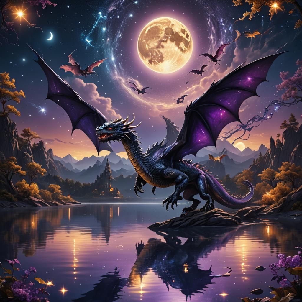 Dragons Flying Over Moonlit Lake, Fantastical Art