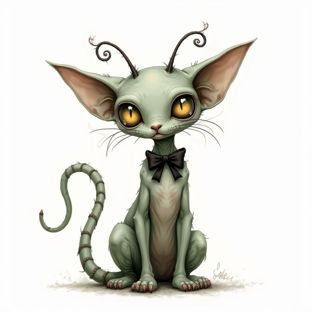 Bizarre Alien Cat in Tim Burton Style Illustration