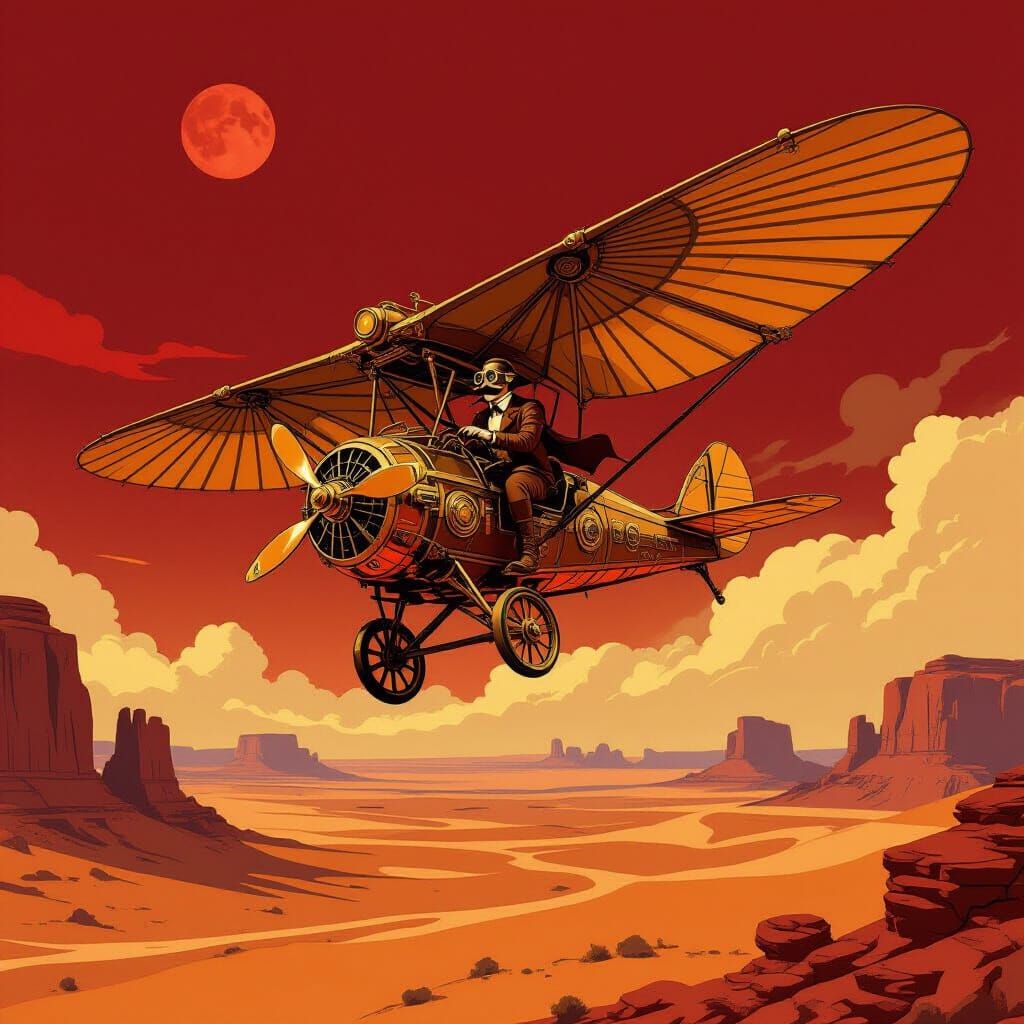 Steampunk Ornithopter Soaring Through Crimson Desert Sky