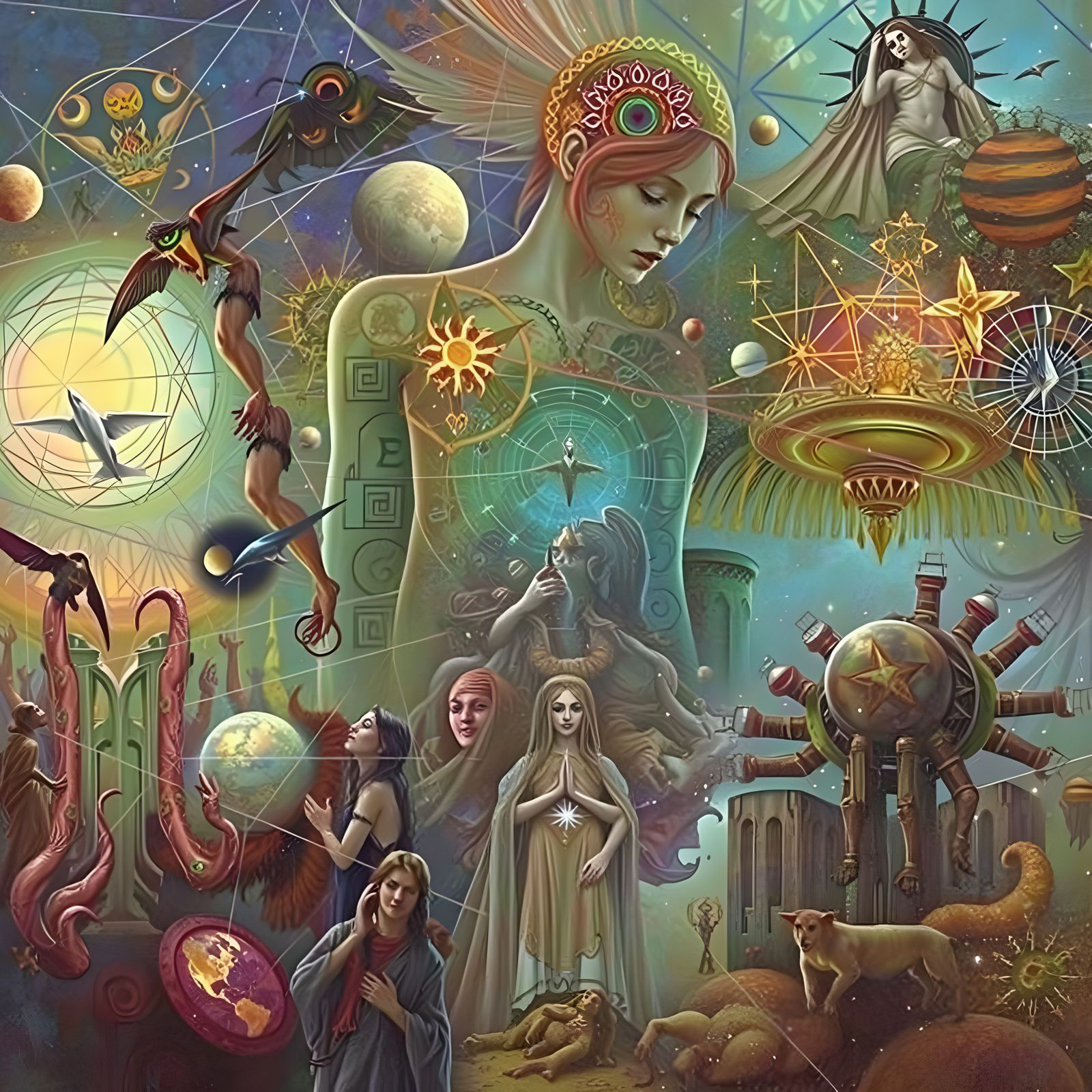 Sacred Geometry Goddess with Heavenly Bodies and Chakras